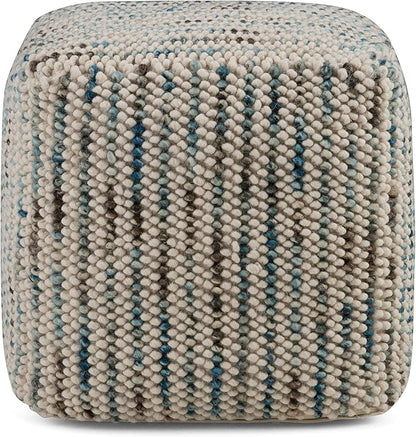 SIMPLIHOME Zoey Cube Pouf – 18 inch Wide Upholstered Wool and Cotton Ottoman in Multi-Color, Boho Woven Footstool or Extra Seating for Living Room, Bedroom, or Kids Room, Assembled