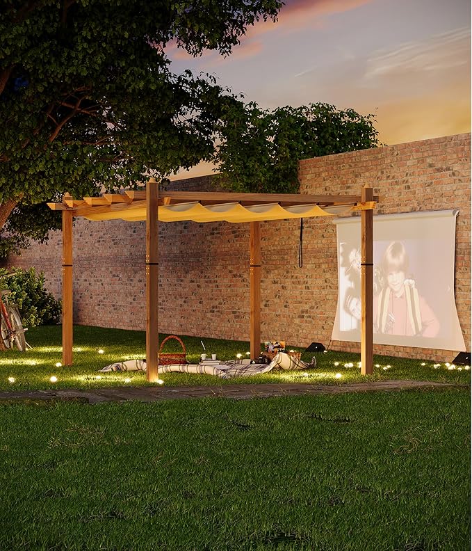 GarveeLife 10 x 13 ft Wood-Grain Outdoor Pergola with Retractable Canopy Sun Shade Shelter for Garden Patio Backyard Deck - Khaki