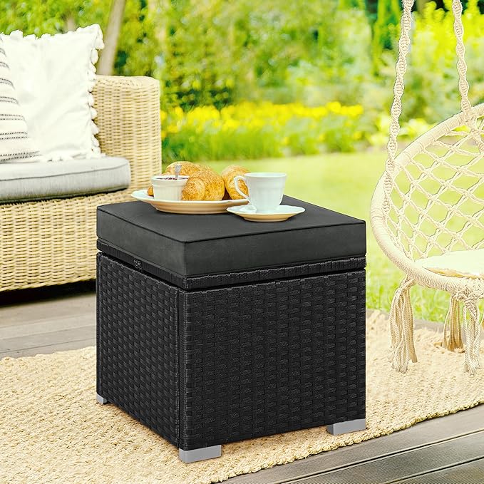Yaheetech Wicker Ottomans, Set of 2 Patio PE Rattan Side Tables with Hidden Storage & Removable Cushion, Outdoor/Indoor Footstools, Additional Seating for Garden/Balcony/Yard, Black/Gray