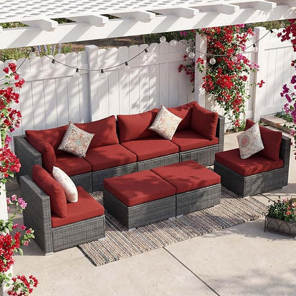 NICESOUL 8 Piece Modern Patio Couch Set, 29.3'' High Back Oversized Wicker Outdoor Sectional Furniture with Ottoman, Wide Seating Comfy Conversations for Backyard Deck, 2 Color Cushion Wine & Gray
