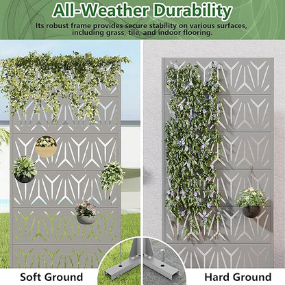 Casaphoria Metal Privacy Screen Outdoor, 72" H x 35" W Freestanding Decorative Privacy Screen for Patio Deck Balcony Garden with Stable Base, Grey-Star