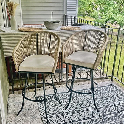 DWVO Outdoor Counter Height Bar Stools Set of 4, Patio Swivel Bar Chairs with Soft Cushions, 360° Rotation, Bar Height Rattan Chairs for Backyard, Poolside, Garden, Beige
