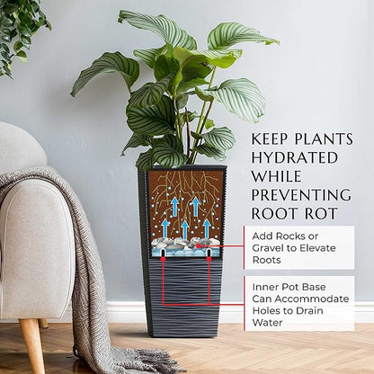 Mueller Janska M-Resin Heavy Duty Tall Planter, Indoor/Outdoor Grande Plant, Tree, Flower Pot, 2-Piece Set, 24”, Modern Design, Built-in Drainage, Dark Gray