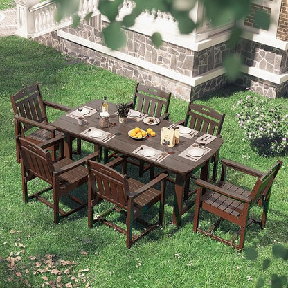 HDPE Outdoor Patio Dining Set with Table & 6 Chairs, All-Weather 7-Piece Outdoor Table and Chairs, 2" Umbrella Hole, Patio Furniture for Garden, Backyard, Deck | Brown