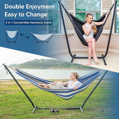 SUNCREAT 2-in-1 Convertible Free Standing Hammock with Stand Included, Camping Backyard Hammock with Stand, Patented, Blue & White Stripe