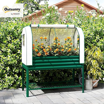 Outsunny Galvanised Raised Garden Bed with Greenhouse Cover, Metal Elevated Garden Bed with Legs, Bed Liner and Bottom Shelf, Outdoor Raised Planter Box for Vegetables, Herbs, Flowers, Green