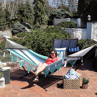 Sunnydaze Woven Double Hammock for Outside with Crocheted Edges and Spreader Bars - 600-Pound Weight Capacity Outdoor Hammock for Trees - Lagoon Stripes
