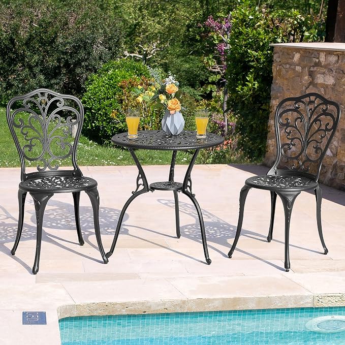 Bistro Set for 2, Black Cast Aluminum Patio Table and Chairs with Umbrella Hole