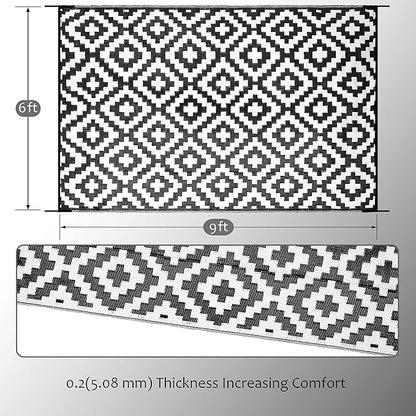 SAND MINE Waterproof Outdoor Rug 6x9 ft, Reversible Mats, Modern Area Rug, Large Floor Mat and Rug for Outdoors, RV, Patio, Backyard, Deck, Picnic, Beach, Trailer, Camping, Black & White Lattice