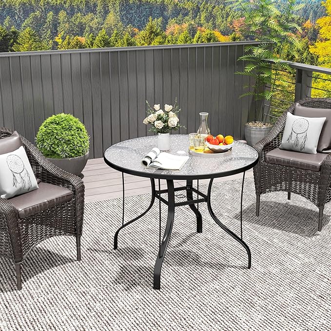 Outsunny 38" Round Patio Table with Umbrella Hole, Outdoor Dining Table Tempered Glass Metal Frame Bistro Table, for Deck, Yard, Balcony, Lawn, Pool, Black
