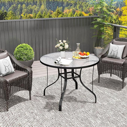 Outsunny 38" Round Patio Table with Umbrella Hole, Outdoor Dining Table Tempered Glass Metal Frame Bistro Table, for Deck, Yard, Balcony, Lawn, Pool, Black