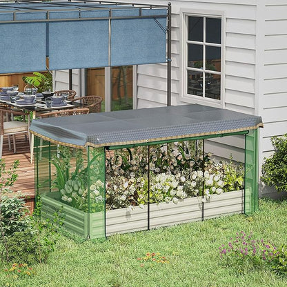Outsunny 7.3 x 3.4 x 1 ft Galvanized Raised Garden Bed with Crop Cage Plant Protection Net and Shade Cloth Roof, Metal Planter Box with Cover for Vegetables, Flowers, Herbs, Beige