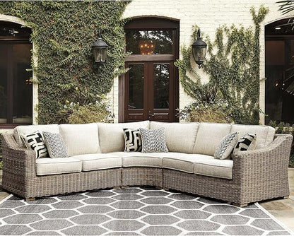 Signature Design by Ashley Beachcroft Costal Nuvella Weather Resistant Fabric 3-Piece Outdoor Seating Set with Zippered Removable Cushions and 6 Accent Pillows, Light Brown & Beige
