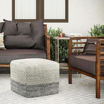 SIMPLIHOME Macie Square Pouf - 18 inch Wide Handcrafted PET Polyester Ottoman in Grey and White, Boho Indoor/Outdoor Footstool or Extra Seating for Living Room with Polystyrene Bead Filling, Assembled