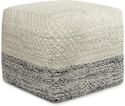 SIMPLIHOME Macie Square Pouf - 18 inch Wide Handcrafted PET Polyester Ottoman in Grey and White, Boho Indoor/Outdoor Footstool or Extra Seating for Living Room with Polystyrene Bead Filling, Assembled