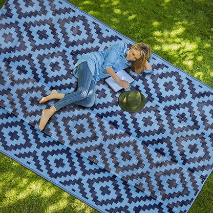 SAND MINE Reversible Mats, Plastic Straw Rug, Modern Area Rug, Large Floor Mat and Rug for Outdoors, RV, Patio, Backyard, Deck, Picnic, Beach, Trailer, Camping, Blue, 5' x 8'