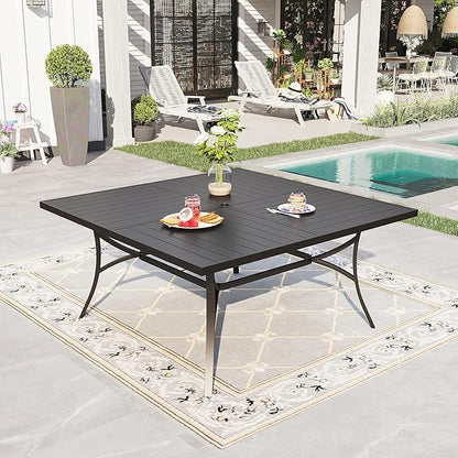 PHI VILLA Large Outdoor Square Dining Table for 8, 60" Metal Steel Slat Table with Umbrella Hole, Weather-Resistant Dining Fruniture for Patio, Deck, Backyard, Porch - Black