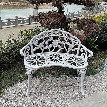 Mandolin Outdoor Benc Park Garden Chair,All Chair Anti Rust Cast Aluminum Patio Yard Bench,Carved Rose Loveseat Bench for Backyard .Porch.Balcony.Lawn (White)