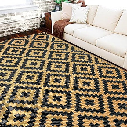 SAND MINE Reversible Mats, Plastic Straw Rug, Modern Area Rug, Large Floor Mat and Rug for Outdoors, RV, Patio, Backyard, Deck, Picnic, Beach, Trailer, Camping, Black & Brown, 6' x 9'
