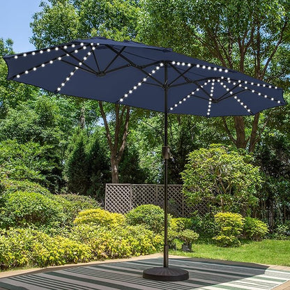PHI VILLA 13ft Patio Umbrella with Solar-Powered 120 PCS LED Color-Changing Lights, Triple-Head Large Rectangle Umbrella Outdoor Patio for Table with Crank Lift,Navy Blue(No Base)