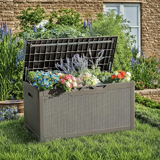 Deck Box with 97 Gallon Capacity, Brown Resin Storage Bench