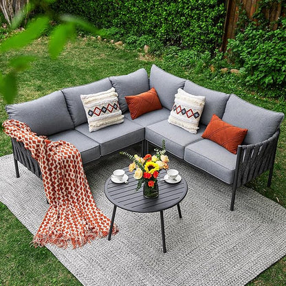 Outdoor Patio Furniture, 6 Pieces Outdoor Sectional L-Shaped Sofa Patio Conversation Sets, Patio Furniture Set with Thick Cushions and Coffee Table for Garden, Poolside, Backyard, Grey