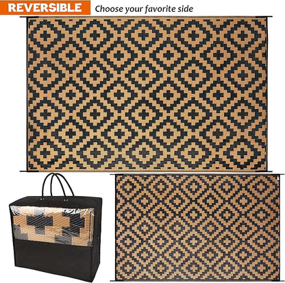 SAND MINE Reversible Mats, Plastic Straw Rug, Modern Area Rug, Large Floor Mat and Rug for Outdoors, RV, Patio, Backyard, Deck, Picnic, Beach, Trailer, Camping, Black & Brown, 6' x 9'