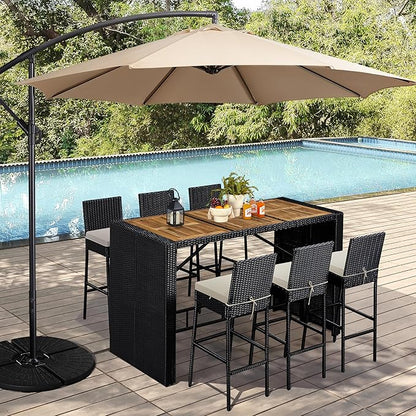 Yaheetech 7 Piece Patio Dining Set Outdoor Acacia Wood Bar Table and Chairs with Removable Cushions, Wicker Furniture Set for Deck, Backyard, Garden, Black/Beige