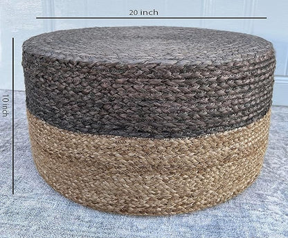 S & L Homes Pouf Ottoman - 100% Jute Braided Footrest Pouf Hand Knitted Traditional Cord Boho Pouffe for Living Room, Bedroom, Nursery, Patio, Lounge Colorblock - Natural Brown (20”x20”x10”)