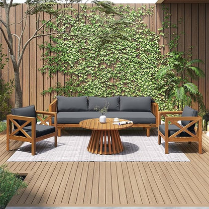 Merax Outdoor 4-Piece Acacia Wood Conversation Set - Patio 3-Seat Loveseat Sofa w/Coushion, 2 Armchair and Round Coffee Table for Backyard, Lawn, Balcony, Teak + Gray