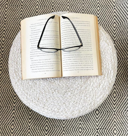 S & L Homes Pouf Ottoman - 100% Jute Braided Footrest Pouf Hand Knitted Traditional Cord Boho Pouffe for Living Room, Bedroom, Nursery, Patio, Lounge Colorblock - Natural Ivory (16”x16”x16”)