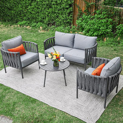 4 Piece Patio Furniture Set, Modern Patio Conversation Set, Outdoor Furniture with Table, Outdoor Sofa with Washable and High-Resiliency Sponge Cushions, Grey