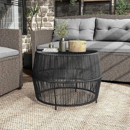 Furniture of America Ysar Boho Rattan Round Coffee Table Outdoor with Metal Frame, All-Weather and Rust Resistant, Handcrafted Coastal Furniture for Patio, Poolside, Garden, Yard, Black