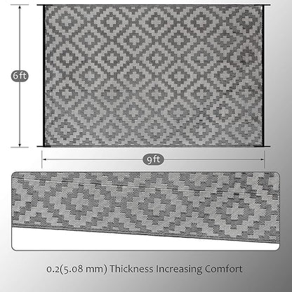 SAND MINE Waterproof Outdoor Rug 6x9 ft, Plastic Reversible Rug, Modern Area Rug, Large Floor Mat for Outdoors, RV, Patio, Backyard, Deck, Picnic, Beach, Camping, Black Grey Lattice