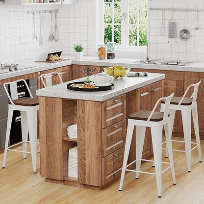 WENTMENT Bar Stools Set of 4 Counter Height Bar Stools Metal Barstools with Removable Back 26" Kitchen Bar Stools with Wooden Seat, Off White