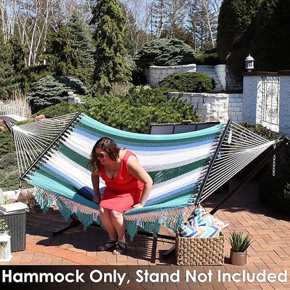 Sunnydaze Woven Double Hammock for Outside with Crocheted Edges and Spreader Bars - 600-Pound Weight Capacity Outdoor Hammock for Trees - Lagoon Stripes