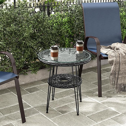 Furniture of America Ysar Boho 19-inch Round Coffee Table Outdoor with Tempered Glass Top and Metal Frame, Handcrafted Coastal Furniture for Patio, Poolside, Garden, Yard, Black