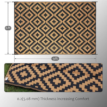SAND MINE Reversible Mats, Plastic Straw Rug, Modern Area Rug, Large Floor Mat and Rug for Outdoors, RV, Patio, Backyard, Deck, Picnic, Beach, Trailer, Camping, Black & Brown, 6' x 9'