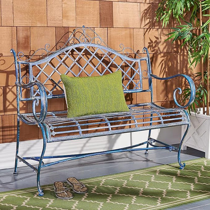 Safavieh PAT5017C Outdoor Collection Abner Antique Blue Wrought Iron 46-inch Garden Bench