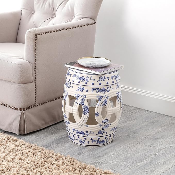 Decorative Garden Stool, Blue and White Ceramic, 16.5-Inch Tall
